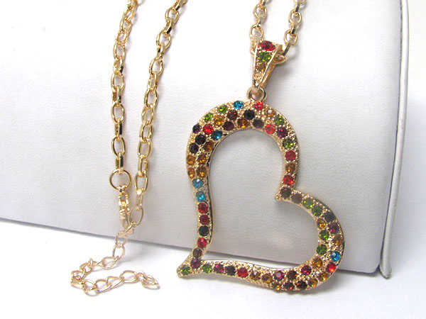 Large crystal stud open heart pendant long chain necklace