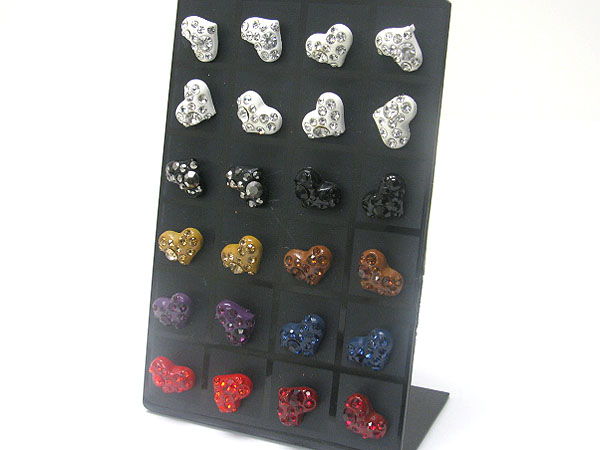 12 pair crystal heart post earring dozen set (it comes with display)  mens jewelry