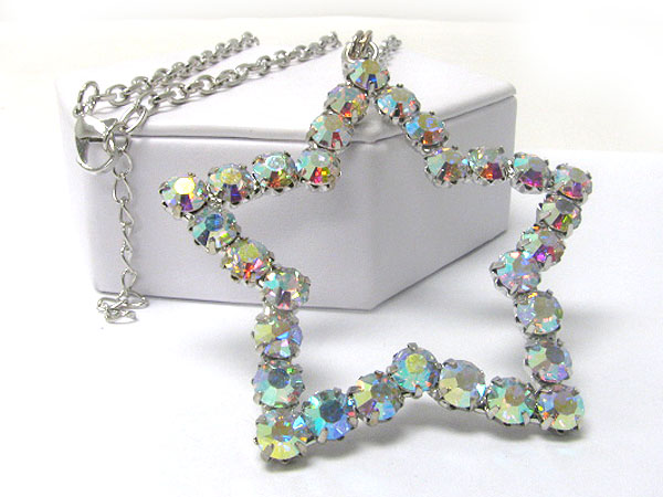 Large crystal stud open star pendant long chain necklace 