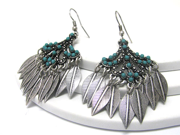 Seed beads stud burnish metal feather drop earring