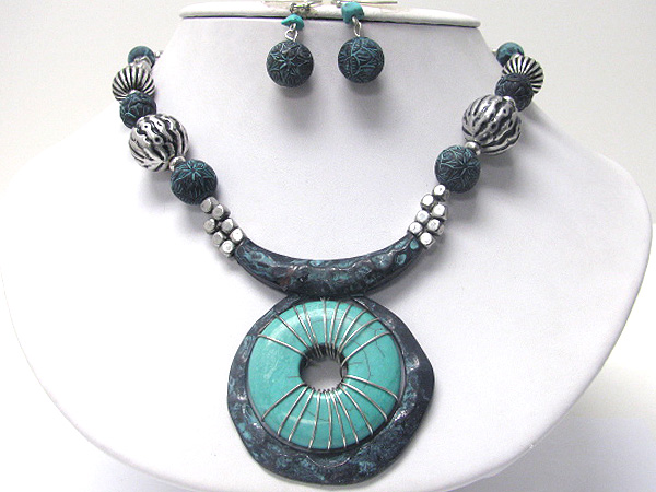 Turquoise donut and patina metal pendant neckalce earring set