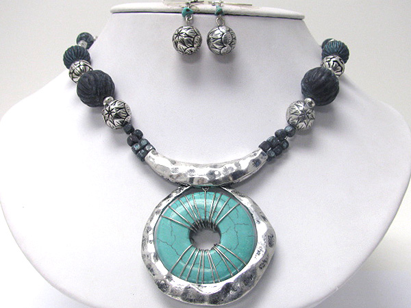 Turquoise donut and patina metal pendant neckalce earring set