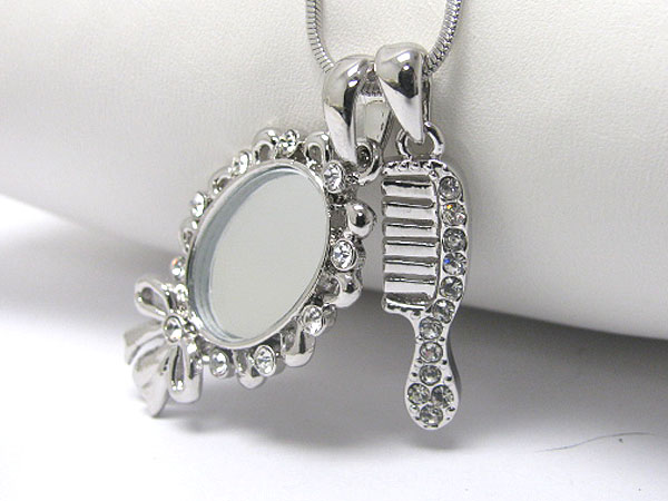 Made in korea whitegold plating crystal stud hand mirror and comb pendant necklace