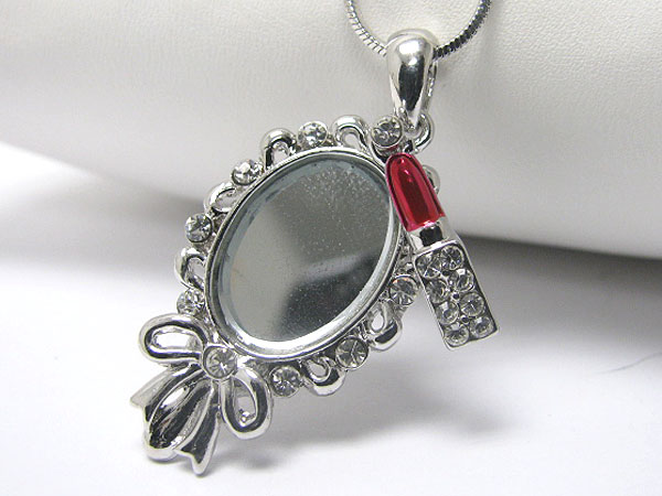 Made in korea whitegold plating crystal stud hand mirror and lip stick pendant necklace