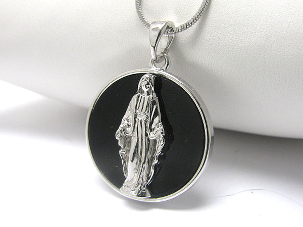 Made in korea whitegold plating crystal and onyx acryl deco mother maria pendant necklace