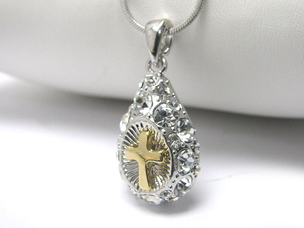 Made in korea whitegold plating crystal stud cross deco puffy oval pendant necklace