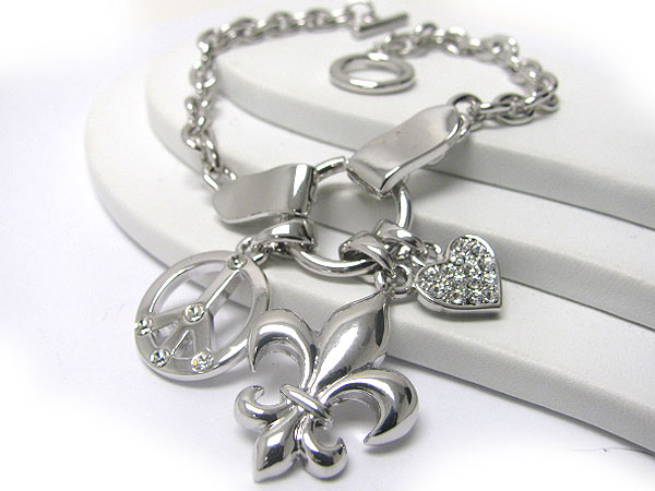 Made in korea whitegold plating crystal stud peace heart fleur de lis charm bracelet