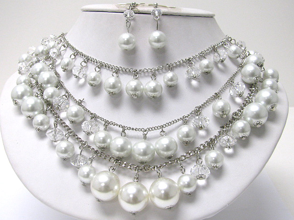 Triple layer multi pearl ball dangle necklace earring set