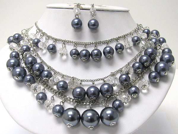 Triple layer multi pearl ball dangle necklace earring set