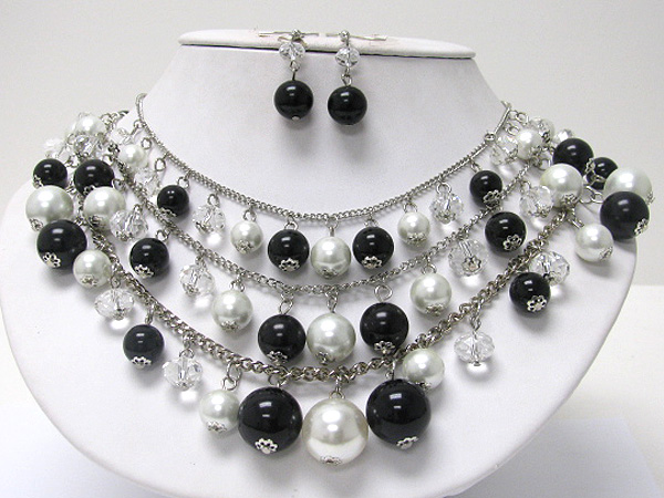 Triple layer multi pearl ball dangle necklace earring set