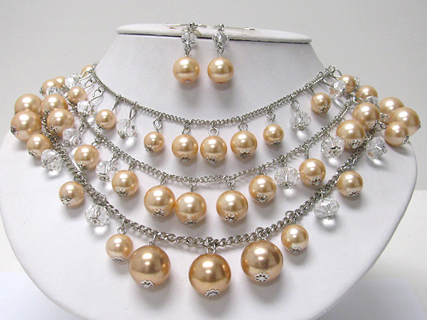 Triple layer multi pearl ball dangle necklace earring set