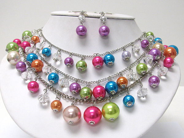 Triple layer multi pearl ball dangle necklace earring set