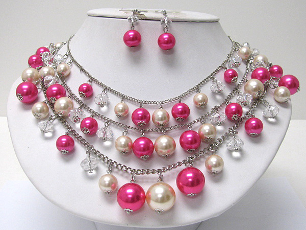 Triple layer multi pearl ball dangle necklace earring set