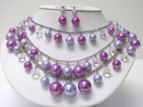 Triple layer multi pearl ball dangle necklace earring set