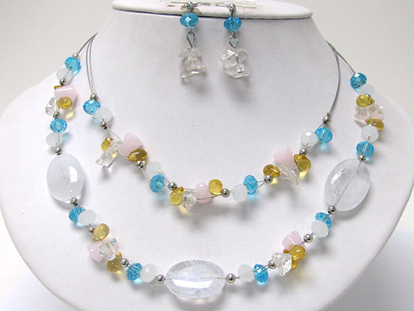 Double strand mixed semi precious stone link necklace earring set