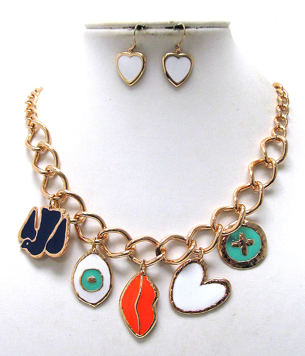 Metal epoxy heart charm chain necklace earring set