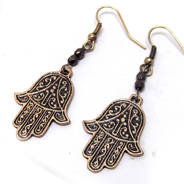 Metal textred hamsa drop earring 