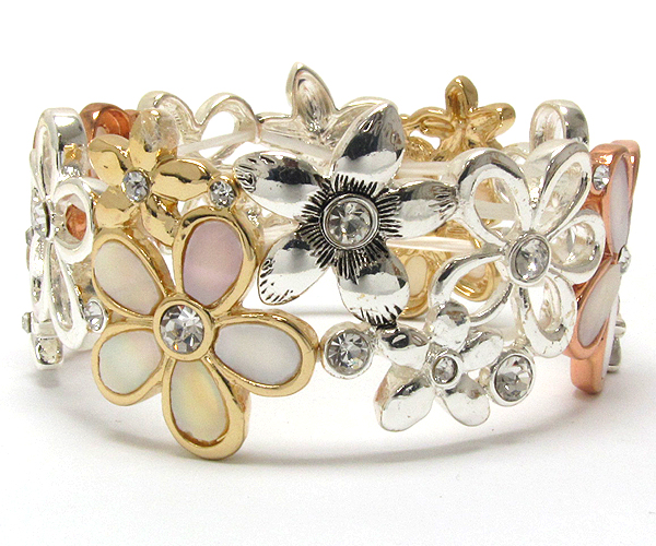 Multi crystal metal textered patern and cut out shell flower disk stretch bracelet