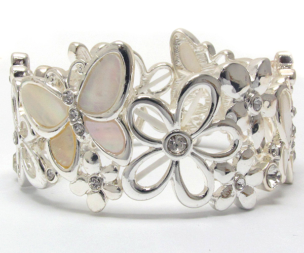 Multi crystal metal textered patern and cut out shell flower and butterfly disk stretch bracelet