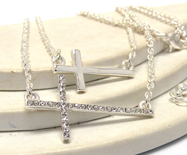 Crystal double cross drop chain necklace 