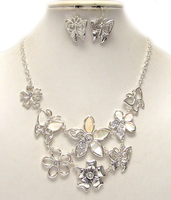 Multi crystal metal textered patern and cut out shell flower disk and butterfly chain necklace earring set