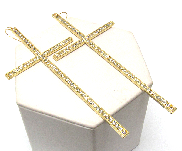 Crystal metal thin and long color cross earring