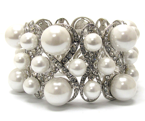 Crystal and multi size shape pearl patern stretch bracelet