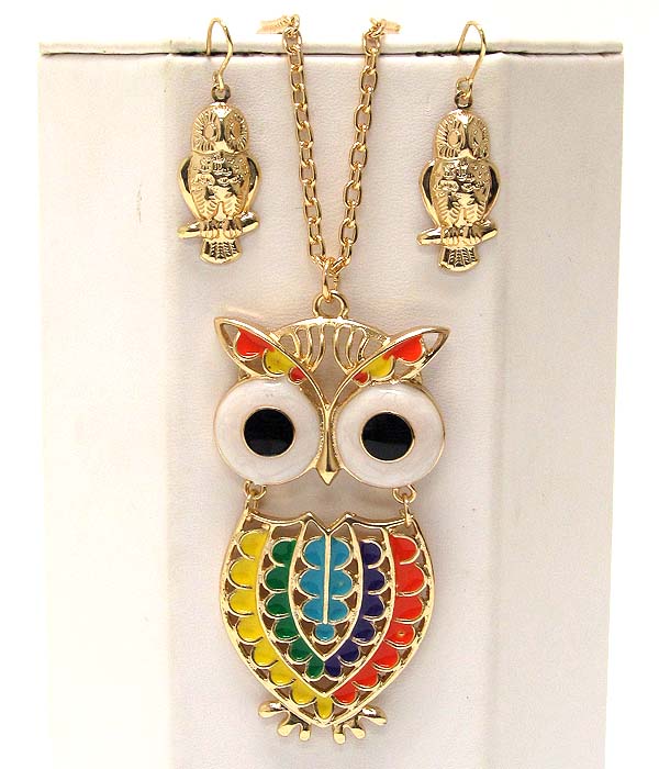 Large colorful metal owl epoxy long chain necklace earring set