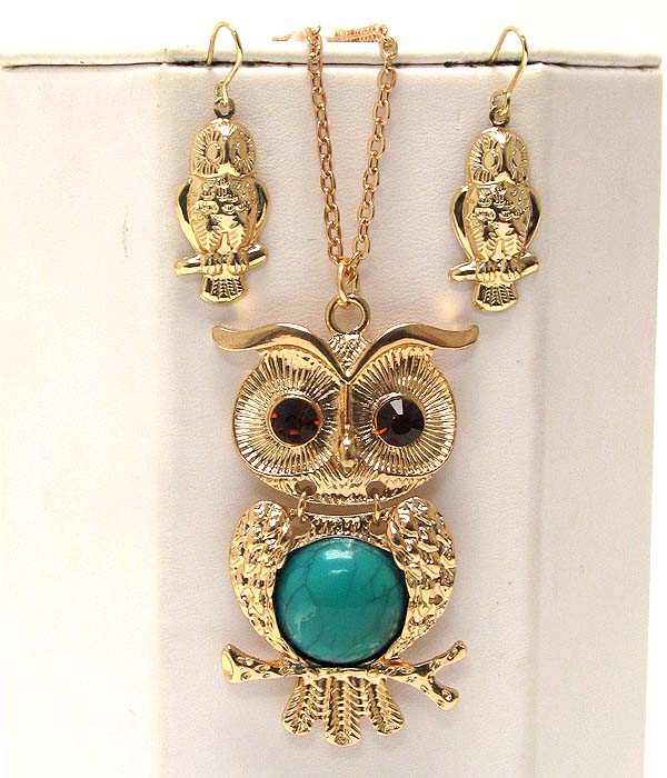 Crystal eyes and turquoise  stone deco body owl pendant long necklace earring set