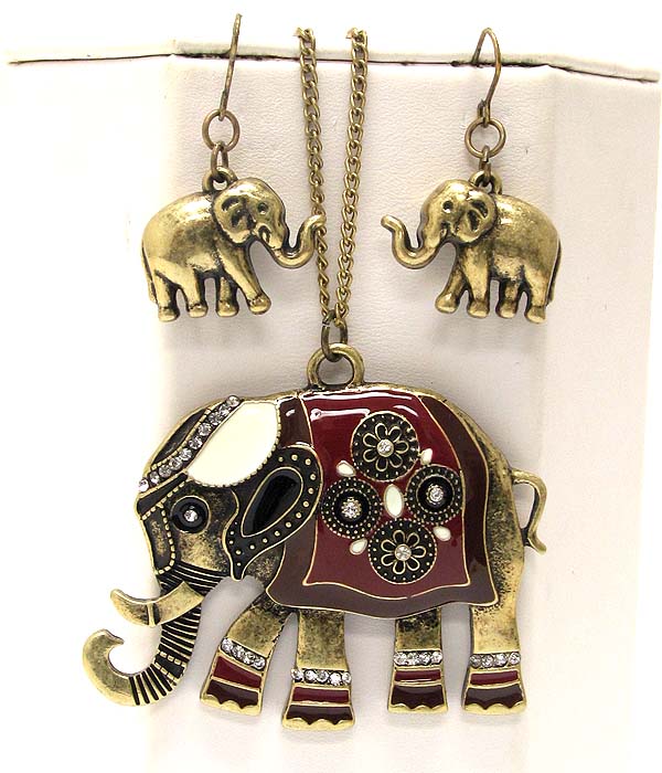 Crystal and epoxy large elephant pendant long necklace earring set