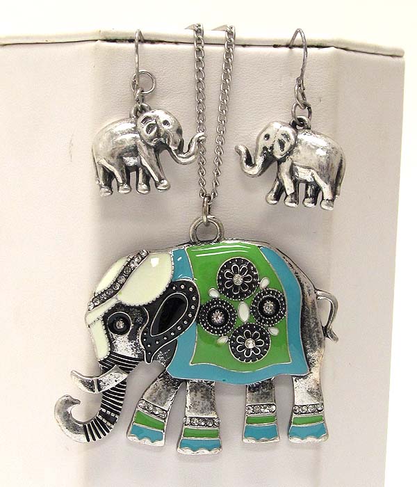 Crystal and epoxy large elephant pendant long necklace earring set