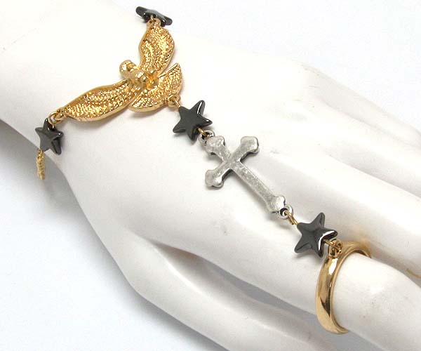 Metal scratch cross and stars with brid chain ring bracelet set