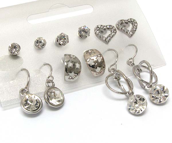 Crystal heart and dangle crystal earring set of 6