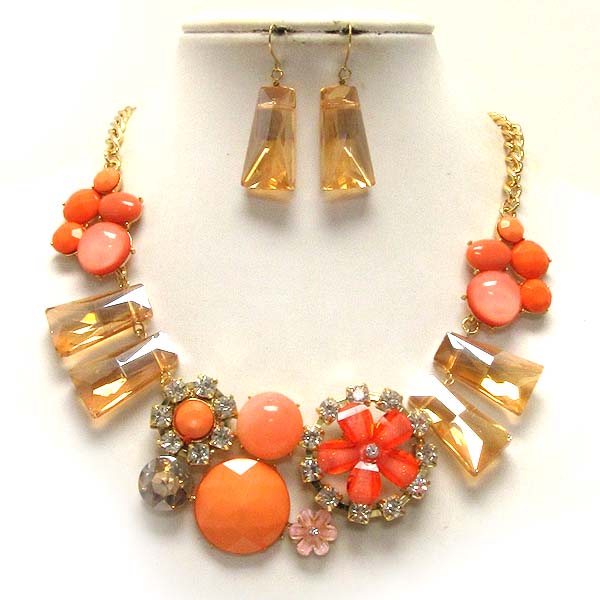 Multi glass square and round pattren with glass flower drop chain necklace earring set