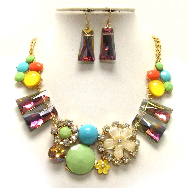 Multi glass square and round pattren with glass flower drop chain necklace earring set