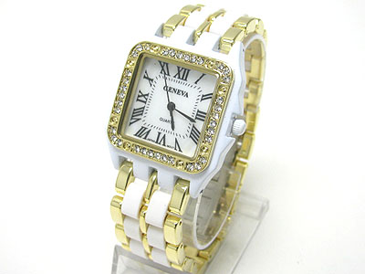 Crystal frame square face metal band fashion watch