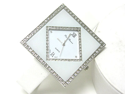 Dual crystal frame square face leather band watch