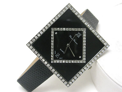 Dual crystal frame square face leather band watch