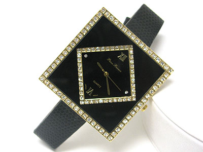 Dual crystal frame square face leather band watch