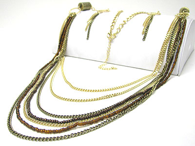 Multi strand metal long chain necklace earring set