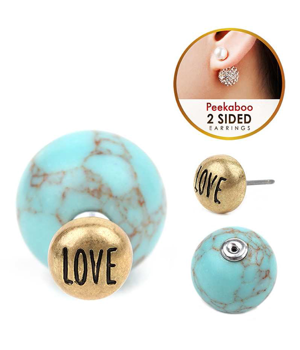 Turquoise ball and love double sided front and back earring