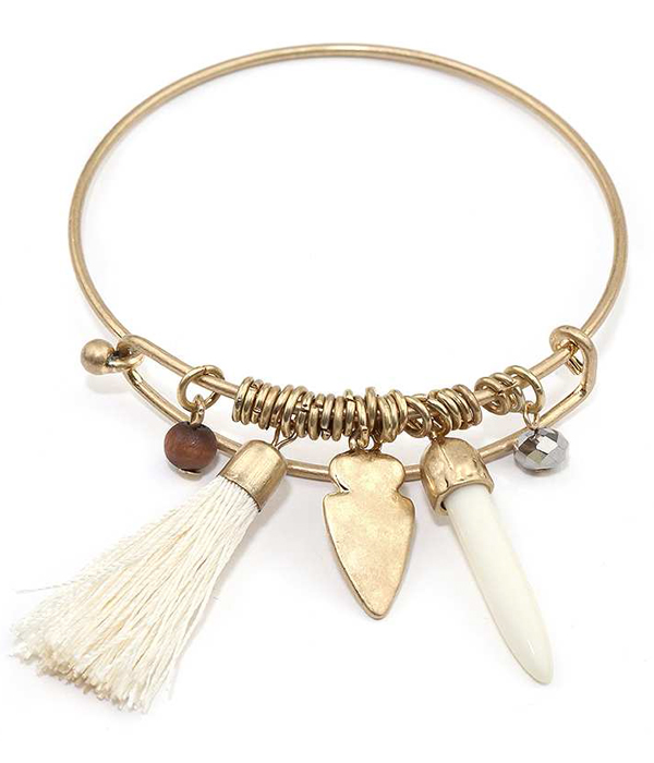 Arrowhead and tassel charm wire bangle bracelet