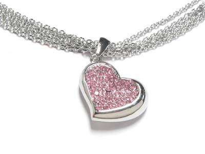 Multi chain heart necklace with  paved pink crystal