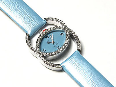 Designer inspired crystal frame genuine leather band watch