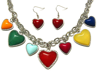 Crystal deco multi heart dangle necklace and earring set