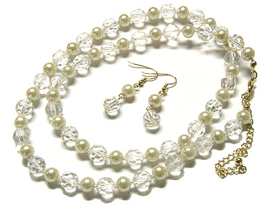 Pearl and glass beads long necklace and earring set