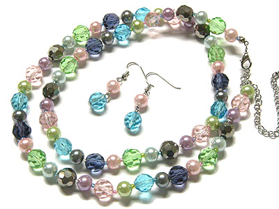 Pearl and glass beads long necklace and earring set