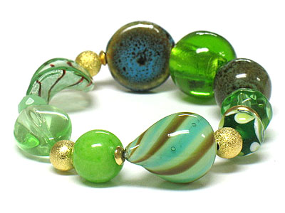 Murano glass and multi glass and figuline bead stretch bracelet