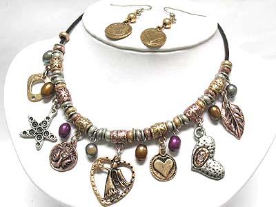 Multi shape metal charms and beads deco cord necklace and earring set