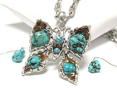 Crystal stud turquoise stone butterfly pendant long chain necklace and earring set 